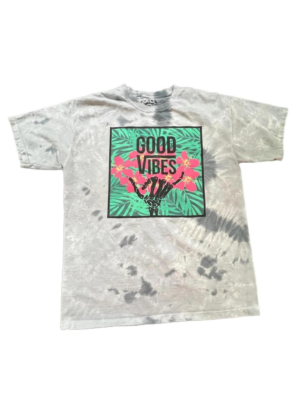 Good Vibes Gray Tie Dye Graphic Tee - L